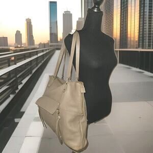 KOOBA Everette Large Taupe Leather Tote Shoulder Bag 16x13x4